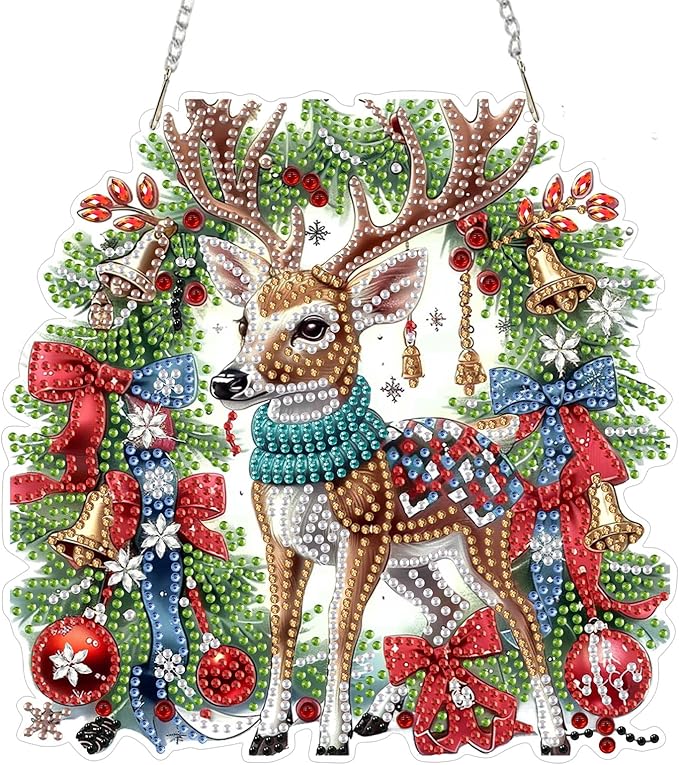 SENQAO Deer Diamond Art Hanging Kits for Adults Kids, Christmas Diamond Art Suncatchers, 5D Special Shape Diamond Painting Pendant Window Ornament Gifts for Home Garden Door Wall Decor