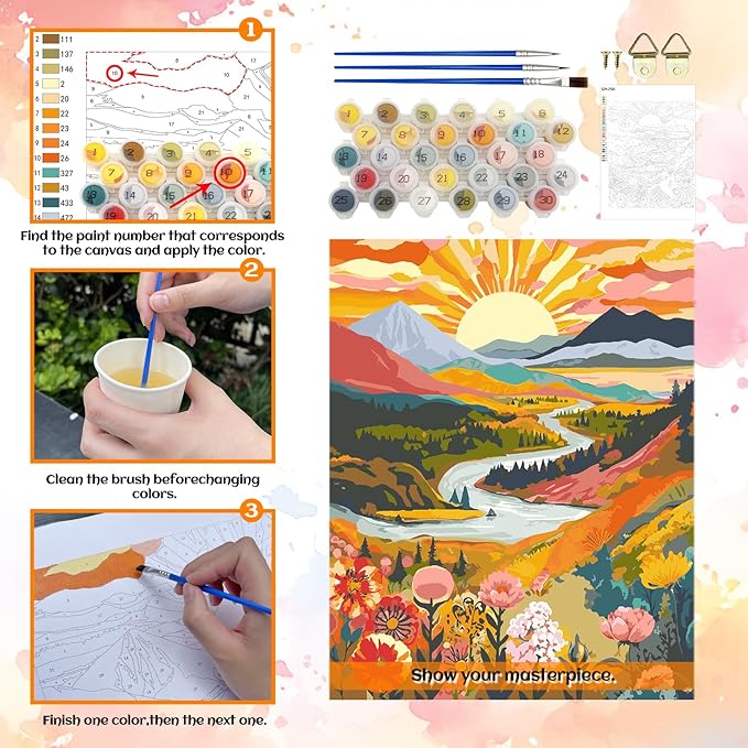 NPCSWXQ Paint By Numbers Kit for Adults Beginners, Sunrise Mountains and Rivers Landscape Painting Crafts Number Art Paint Kits for Home Wall Bedroom Study or Office Decor Gift 16x20Inch
