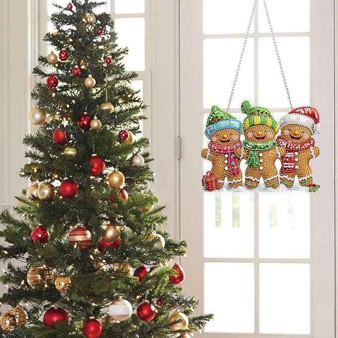 KEYIFA Diamond Painting Kit, DIY Gingerbread Man Diamond Art Hanging for Adults Beginner, Gem Arts Pendant Special Shaped Rhinestone Window Ornaments Wall Door Garden Decoration Gift, Double Sided