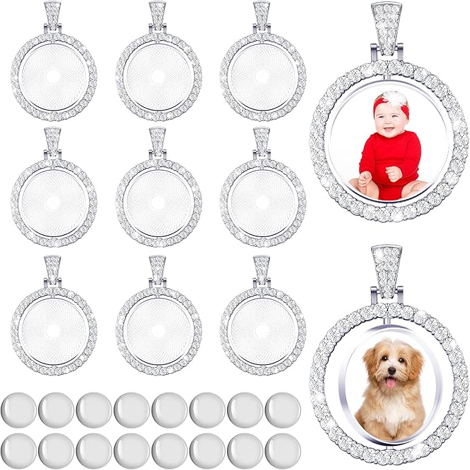 Ferraycle 27 Pieces Rhinestone Bezel Pendant Trays Set Including 9 Pieces Double-Sided Sublimation Blank 1 Inch Bezel Round Pendant Trays Charms with 18 Transparent Glass(Silver)