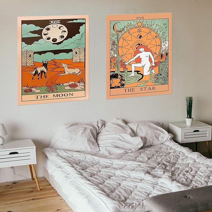 zeedix 4 pack tarot card tapestry wall hanging cute boho hippie art spiritual tapestries with the sun and moon star strength astrology small tapestry for bedroom living room wall decor aesthetic (orange 19.7"x 15.7")