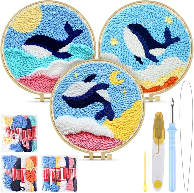 TINDTOP Punch Needle Kits, 3 Pack Punch Needle Embroidery Kits for Adults Beginner, Tool with Punch Needle Fabric, Hoops, Yarns and Sewing Needles (Whale)