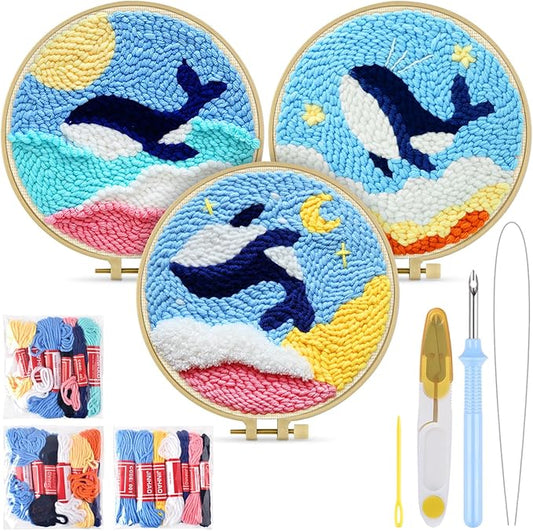 TINDTOP Punch Needle Kits, 3 Pack Punch Needle Embroidery Kits for Adults Beginner, Tool with Punch Needle Fabric, Hoops, Yarns and Sewing Needles (Whale)