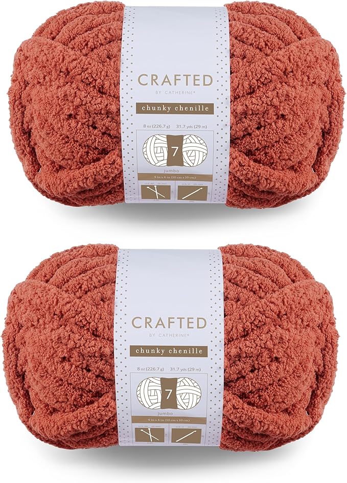 Crafted by Catherine Chunky Chenille Yarn - 2 Pack (10.5 oz / 300 g, 41 Yards Each Skein), Clay, Gauge 7 Jumbo