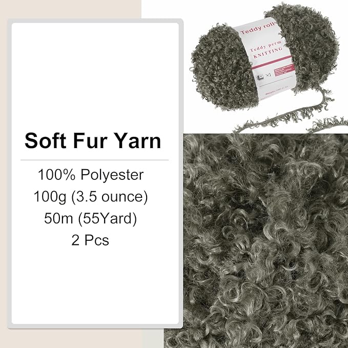 MECCANIXITY 2 Skeins Fur Yarn Soft Fluffy Chunky Yarn Fuzzy Eyelash Yarn Deep Gray for Crocheting Knit Clothes Bag - 55Yard/50m, 3.23ozx2