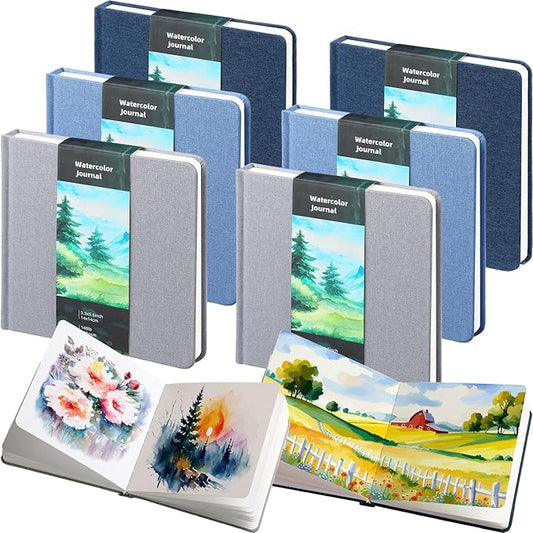 Mooliwe 6 Pcs Watercolor Sketchbook Journal Small Paper Watercolor Journal Bulk for Painting 300 GSM 140 LB Cotton Cold Press for Gifts(5.5" X 5.5",Blue Series)