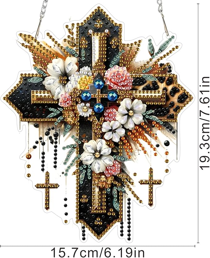 ZeeLionArt Hanging Diamonds Art kit for Adult,Cross Flowers Pendant Diamonds Painting Art Kit,6.2x7.6inch Acrylic Diamonds Painting Board Kit Ornament, Special Crystal Diamond Hanging Ornament