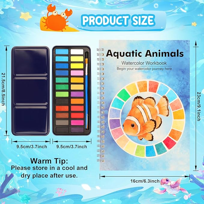 Ocean Watercolor Workbook for Beginners with 24 Colors Paint Set – Water Coloring Book with 12 Ocean Designs, Step-by-Step Painting Guide, Relaxing Watercolor Workbook Art Kit for Adults Teens
