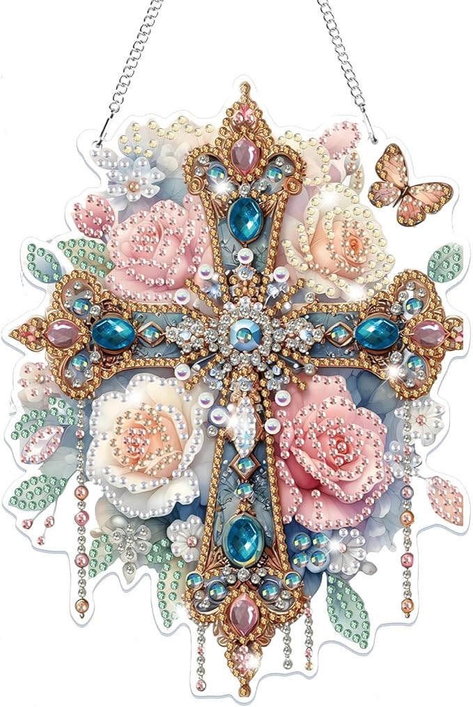 Bowetile Hanging Diamond Art Cross Kits for Adults, 5D Special Shape Diamond Painting Flower Kits, Cross Diamond Gem Art Suncatchers Painting Pendant Ornament for Home Garden Wall Decor