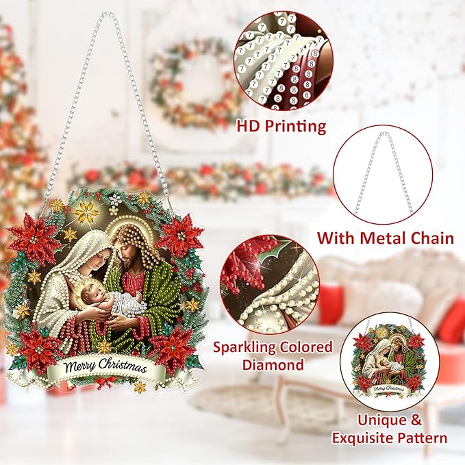 SENQAO Jesus Diamond Art Hanging Kits for Adults Kids, Christmas Diamond Art Suncatchers, 5D Special Shape Diamond Painting Pendant Window Ornament Gifts for Home Garden Door Wall Decor