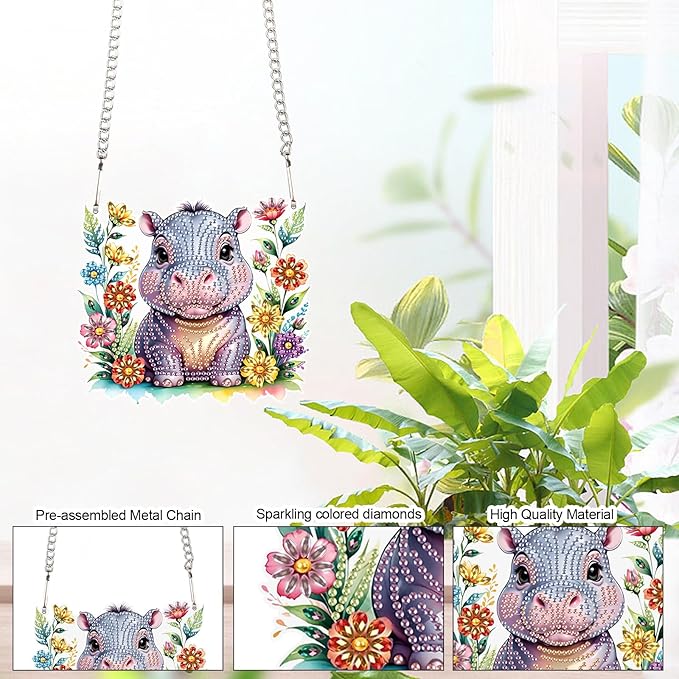 AiYuanzsh DIY Diamond Art Painting Hanging Kit Hippo, Acrylic 5D Diamond Painting Pendant Ornament Board Kit, Home Garden Wall Door Diamond Art Hanging Ornament