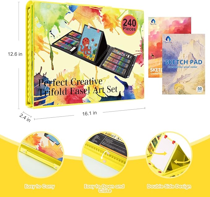 VigorFun Art Supplies, 240-Piece Drawing Art Kit, Gifts for Adult, Art Set Crafts Case with Double Sided Trifold Easel, Includes Sketch Pads, Oil Pastels, Crayons, Colored Pencils (Yellow)