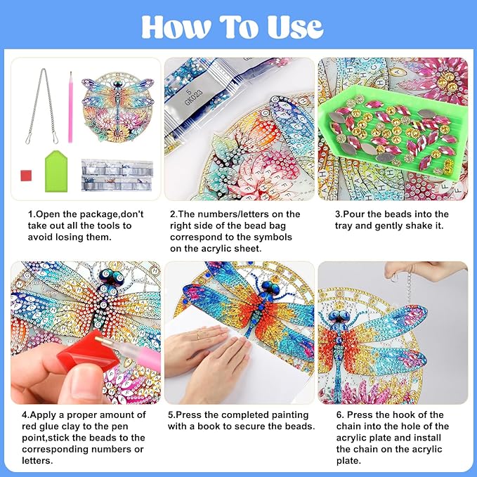 AIRDEA Hanging Diamond Painting Kits Dragonfly,Special Shaped Diamond Art Kits for Beginner Flowers Gem Art Pendant Decor,7.87x7.59in