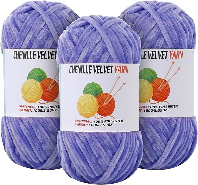 3 * 100g Velvet Chenille Chunky Yarn for Crocheting, Handcrafts Weaving Soft Chenille Yarn for Crocheting Clearance, Used for Making Baby Yarns Blanket, Clothes, Knitting Creations (Light-Lavender)
