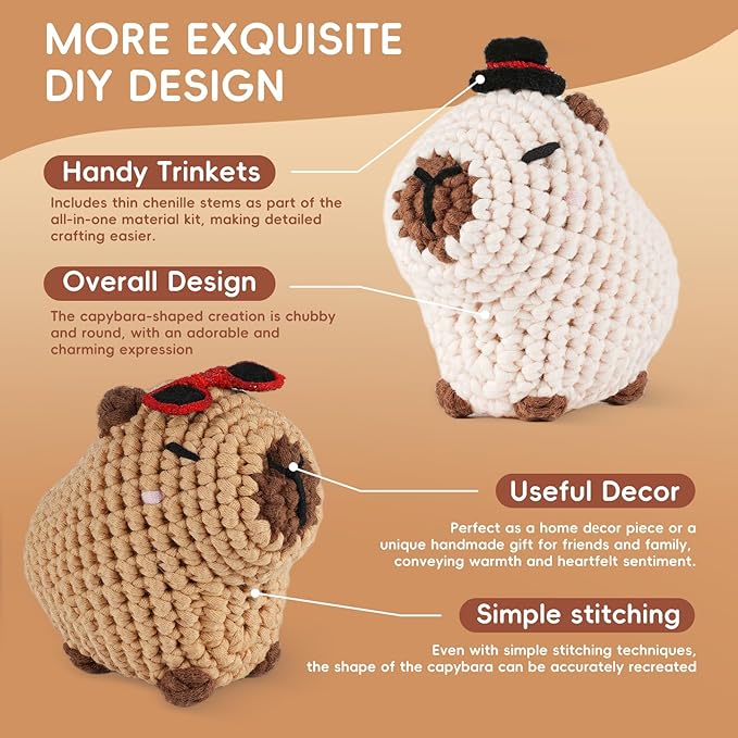 LUDOTEK Crochet Kit for Beginners, Crochet Animal Kits,Crocheting Kit for Starters with Step-by-Step Video Tutorials, Beginner Crochet Kits for Adults(Sitting Capybara)