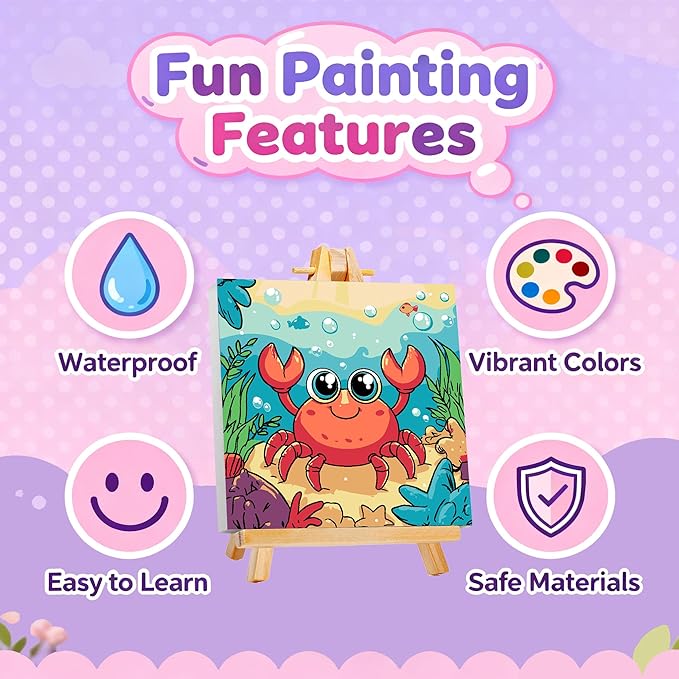 Gemozaic Paint by Numbers Kit for Kids with Frame and Easel, Cute Crab Kids Paint by Number on Canvas for Age 4-8, 8x8 Inch