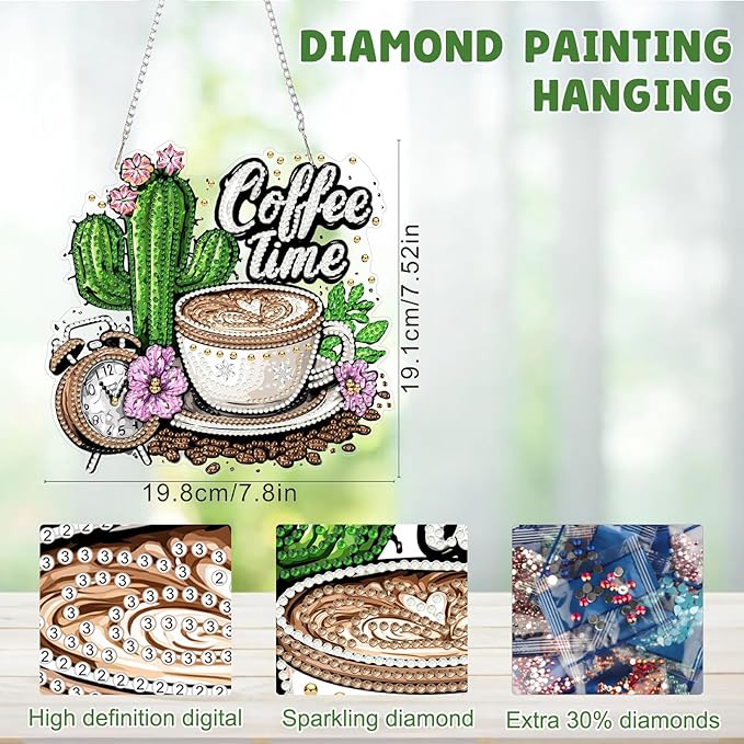 MAXBYE Coffee Time Diamond Art Painting Kits for Adults Beginners Hanging Pendent, DIY 5D Special Shaped Crystal Diamond Painting Kits Ornament for Gift Home Wall Door Decor 8×8 Inch