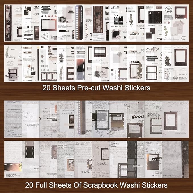 Dizdkizd Washi Stickers Book for Journaling, Vintage Scrapbook Ephemera with 180pcs Film Stickers and 20 Adhesive Scrapbooking Papers, Junk Journaling Supplies