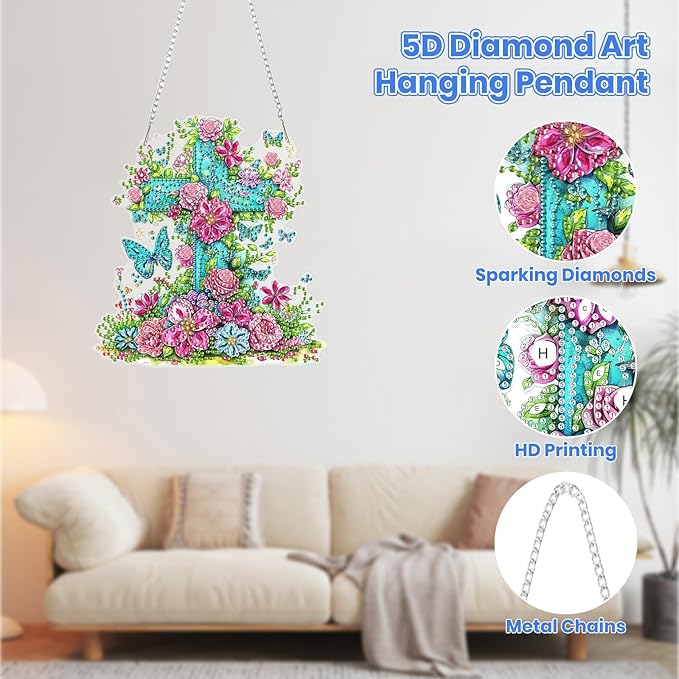 MOGTAA Easter Cross Diamond Art Hanging Kits for Adults Beginners, Flowers Diamond Art Suncatchers, 5D Special Shape Butterfly Diamond Painting Window Pendant Kit for Home Garden Wall Decor
