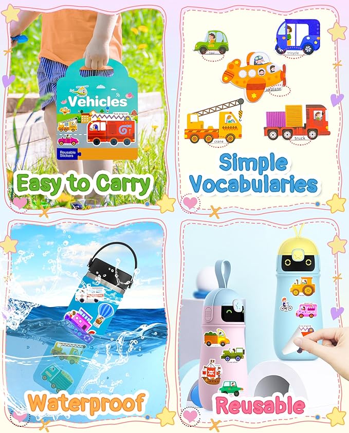 benresive reusable sticker books for kids, sticker books for toddlers, toddler travel toys activities crafts ages 3 and up birthday gifts - vehicle