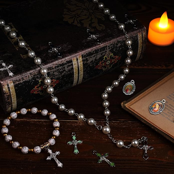 Rosary Making Kits Supplies Cross and Center Medal Charm Alloy Picture Religious Charms Crucifix Pendant for DIY Jewelry Making Prayer Bracelet Necklace Earring
