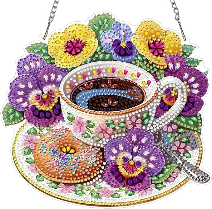 MXJSUA Pansies Flowers Coffee Diamond Painting Art Window Suncatchers, Diamond Art Kits for Adults Hanging Ornaments with Chain, 5D Special Shape Crystal Diamond Pendant Accessories for Decor Gift