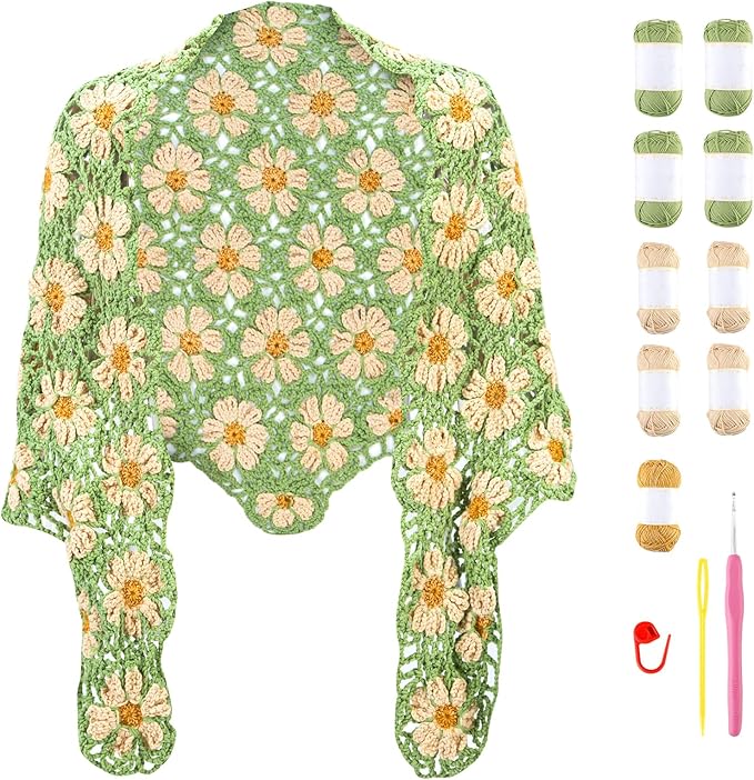 Noocro Crochet Kit for Intermediate or Advanced Levels, Complete Craft Kit for a Floral Daisy Shawl with Step by Step Video Tutorials Detailed Instructions, Perfect Holiday Gift or DIY Project (Green)