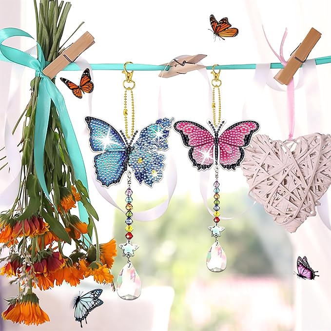 6 Pcs Diamond Painting Butterfly Wind Chimes Kits 5D DIY Crystal Diamonds Painting Suncatcher Christmas Ornament Double Sided Diamond Art Keychains Pendant Best Gifts for Mom
