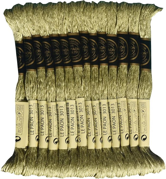 LE PAON Embroidery Floss, 14-Pack Six Strands 100% Long Staple Cotton Embroidery Thread, 8.7-Yard，Color Number：3013, Light Khaki Green