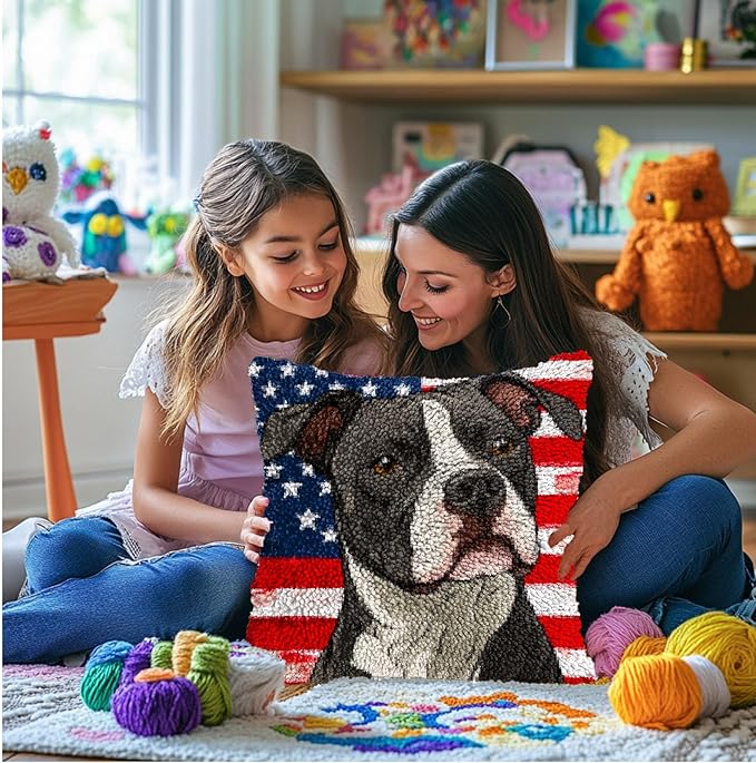 DIY Latch Hook Pillow Kits for Adults Cartoon Pitbull Dog with Flag Printed Pillowcase Crochet Yarns Hooking Handmade Pillow Cover Cushion for Home Sofa Decoration 17x17inch-1