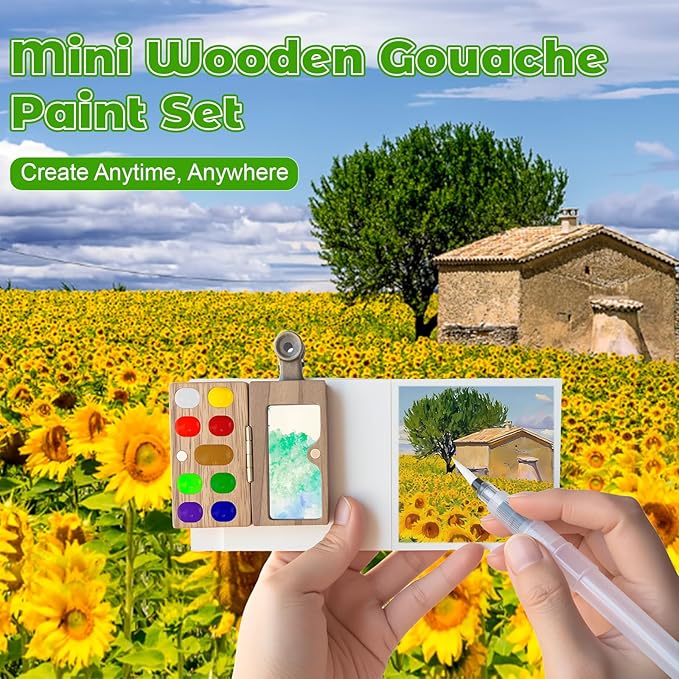Watercolor Paint Set 12 Colors 8 Pieces Travel Mini Kit Wooden Palette Portable Art Supplies for Adults Beginners Sketching Painting Gift