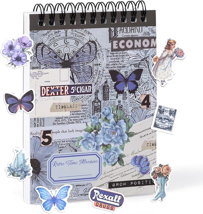 Pre-Cut Vintage Ephemera Washi Scrapbook Sticker Book for Scrapbooking - 50 Sheets Blue Journaling Dark Academia Stickers for Junk Journal Scrap Book Supplies Arts Frame Album, 473PCS