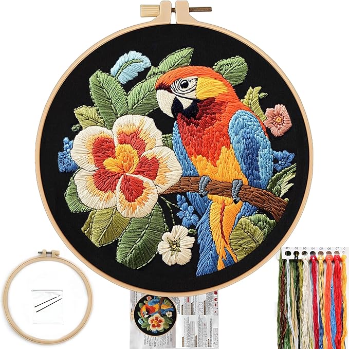 fonnuy embroidery kit for beginners, birds with flowers pre-stamped pattern kits for adults with hoop, easy to follow color thread needlework, 8'' hoop (orange parrot)