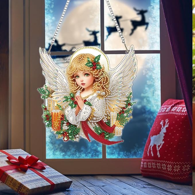 Bowetile Christmas Diamond Art Hanging Kits for Adults, Angel Diamond Art Suncatchers, 5D Special Shape Diamond Painting Pendant Window Ornament Christmas Gifts for Home Door Wall Decor
