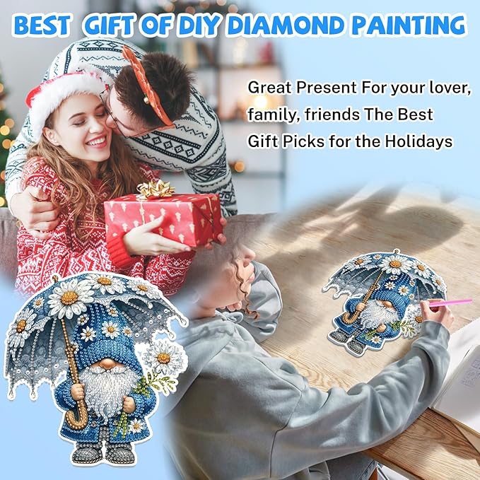 Bowetile Gnome Diamond Art Hanging Kits for Adults, 5D Special Shape Diamond Painting Daisy Pendant Kits, Gem Art Suncatchers Painting Window Ornament for Home Garden Wall Decor