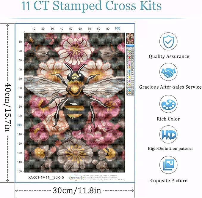 bee cross stitch kits for adults - stamped crossstitching kits preprinted 11 count cross-stitch kit for beginner, 11ct prestamped easy pattern needlepoint kits crafts for decor