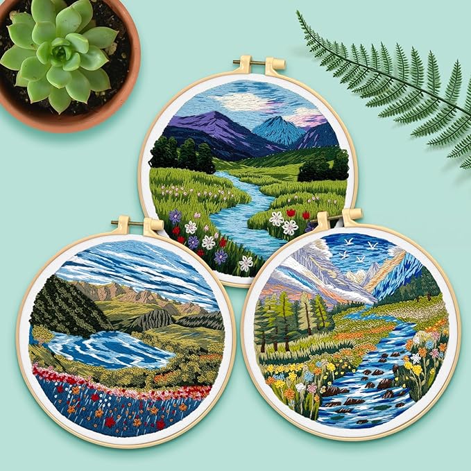 ERKOON 5 Sets Embroidery Kit for Beginners, Butterfly Cross Stitch Set for Include Embroidery Cloth Hoops Threads for Craft Lover Hand Stitch (Landscapes)