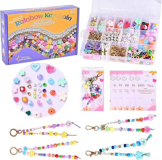 Grnheat 495 Pcs Bead Keychain Making Kit - Acrylic Letter Beads with Heart Star Flower Charms - Personalized Name Jewelry Set for Backpack Bag Charm Bracelet Crafts Supplies