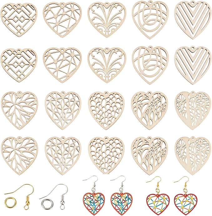 Elecrelive 60pcs Wooden Heart Charms Wooden Earring Blanks Filigree Heart Charms for Valentine's Day DIY Earring Necklace Jewelry Making