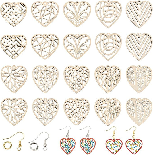 Elecrelive 60pcs Wooden Heart Charms Wooden Earring Blanks Filigree Heart Charms for Valentine's Day DIY Earring Necklace Jewelry Making