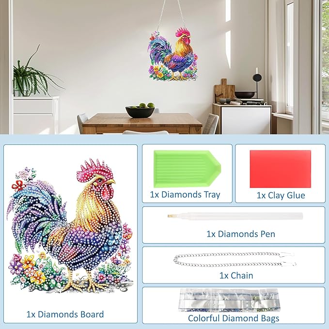 SENQAO Chicken Diamond Art Hanging Kit for Adult, Special Shaped Rhinestone, DIY Acrylic 5D Diamond Art Painting Window Pendants Home Garden Wall Hanging Kits Hanging Ornament