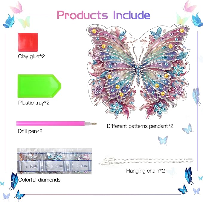 Scettar 2 Pcs Dimond Art Paintings Butterfly, Diamond Art Kits for Adults, DIY Crystal Gem Craft Painting Kit, Special Shape Diamond Art Suncatcher Hanging Ornament for Home and Garden Decor