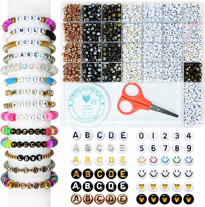 Amaney 1500 Pieces 6 Colors 4x7mm Round Acrylic Alphabet Letter Beads A-Z Mixed and Crystal Line for Jewelry Making