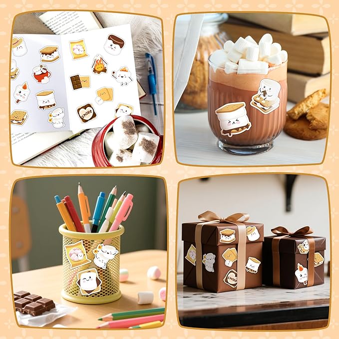 beyumi cute marshmallow sticker roll - 1000pcs smores stickers in 2 rolls waterproof vinyl marshmallow themed funny expression decals for gift party laptop bottle scrapbooking envelope decor for kids