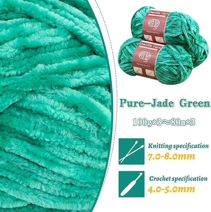 LUNARM Chenille Yarn for Crocheting Knitting, 3 Skein 263 Yard Thick Soft Chunky Fluffy Weaving Plush Yarn for Blankets Clothes Pattern Creations with Big Eye Needles (Jade Green)