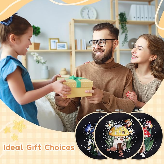 useamie 3 pack embroidery kit with botanical and floral classic prints, embroidery fabric, needle and thread, adult starter needlepoint embroidery kits