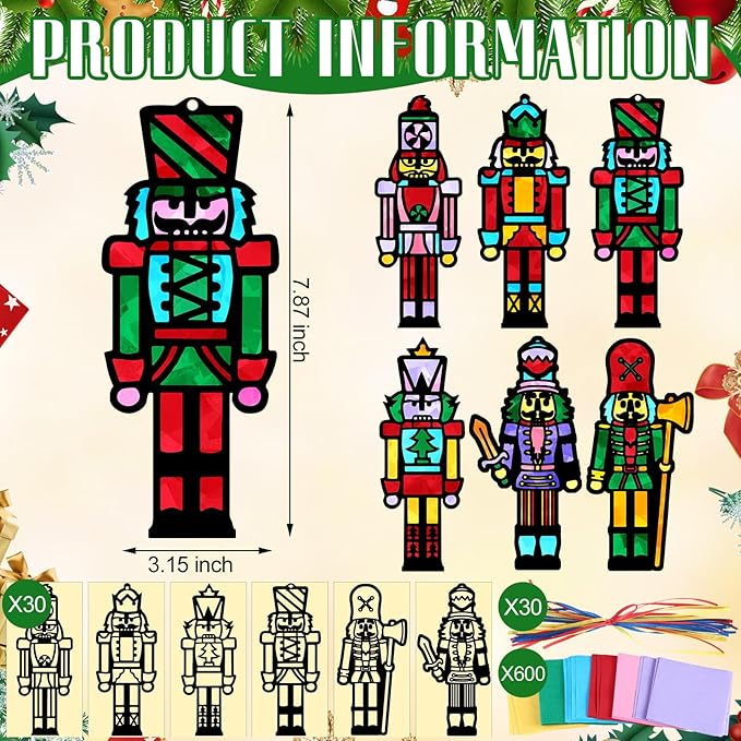 30 Pcs Christmas Nutcracker Suncatchers Paper Craft Set Xmas Nutcracker DIY Stained Glass Effect Tissue Paper Kits Gift Bulk for Xmas Christmas Activities Art Party Decor