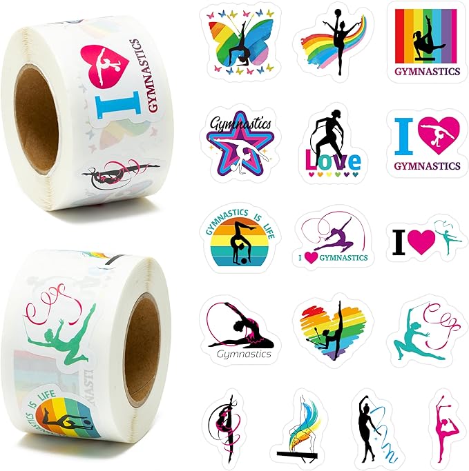 beyumi gymnastics art girl stickers - 1000pcs gymnastics stickers in 2 rolls for kids waterproof vinyl athletic art girl decals for gymnast party decor phone laptop bottle notebook luggage classroom