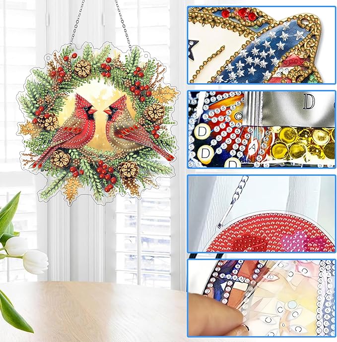 Reofrey Hanging Diamond Art Kits for Adults - 8x8 Inch Christmas Bird Acrylic Board Double Sided Pattern Diamond Art Suncatcher Pendant, Crystal Art for Home Wall or Window Decoration Handmade Gift