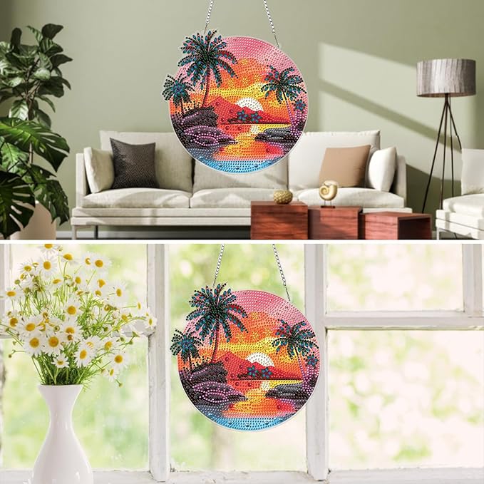 MXJSUA Sunrise Scenery Diamond Art Hanging Kits for Adults Beginners, DIY Acrylic Special Shaped Crystal Diamond Gem Art Pendant Drills Painting Ornament for Home Wall Decor and Gift